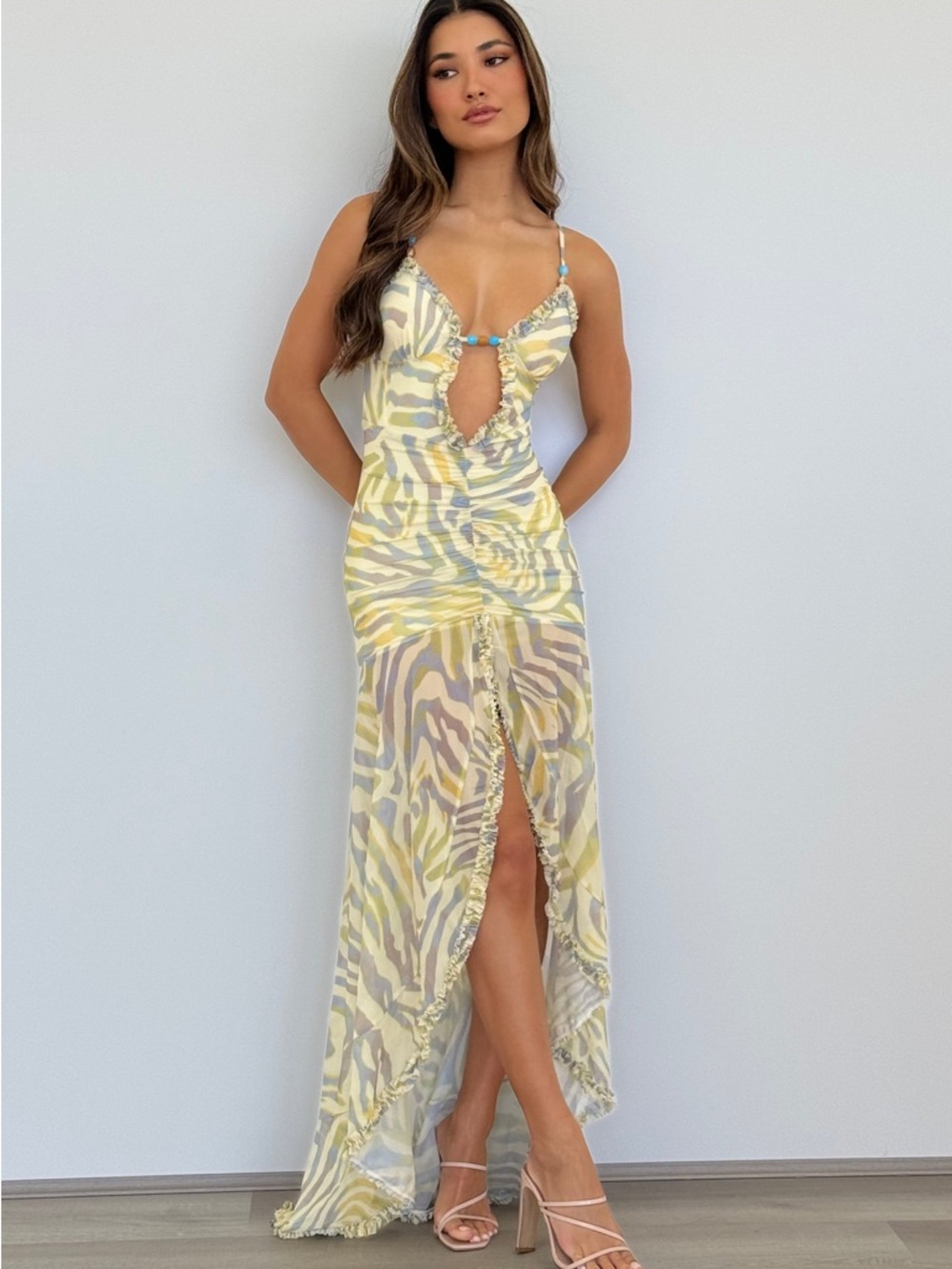Yellow Zebra-Print Cutout Maxi Dress with Bead Detail